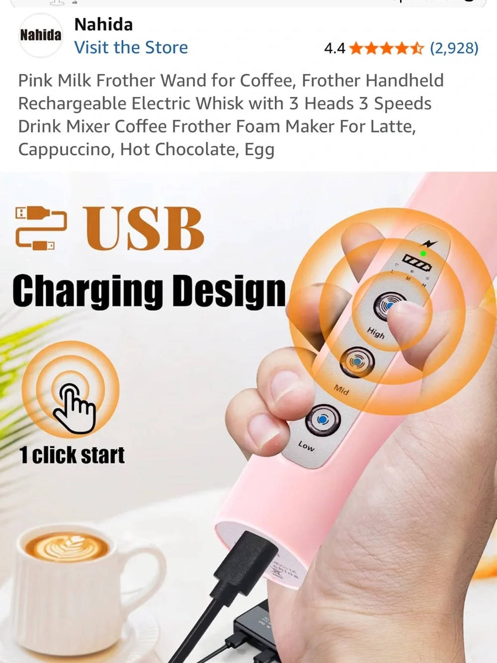 Pink Rechargeable Handheld Milk Frother - 3 Speeds, 3 Whisks
